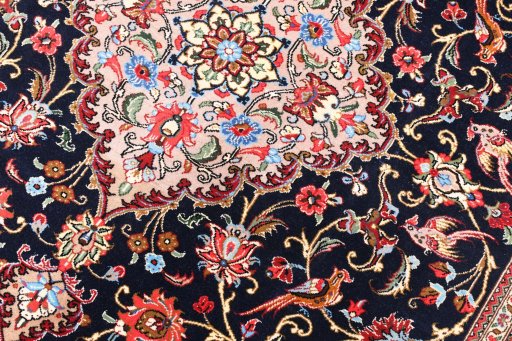 Full view of 2000s Ghom rug from Iran / Persia, 195 × 135 cm in Blue tones