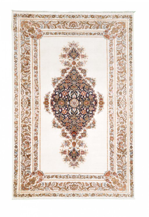 Full view of New Ghom rug from Iran / Persia, 206 × 136 cm in Beige tones