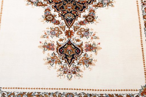Backside of handmade New Ghom rug showing knot structure and weave density