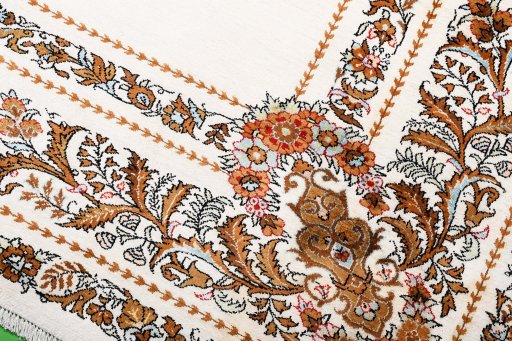 Close-up detail of New Ghom rug from Iran / Persia showing Silk weave