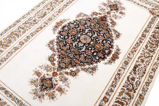 Full view of New Ghom rug from Iran / Persia, 206 × 136 cm in Beige tones