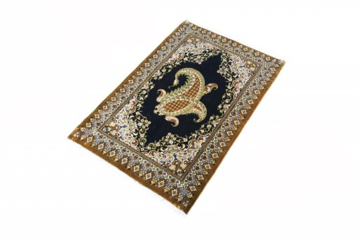 Corner detail of 2000s Ghom rug showing border pattern and Cork pile