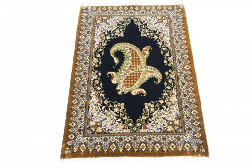 Surface texture of 2000s Ghom rug with natural Cork and intricate pattern