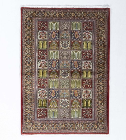 Full view of 2000s Ghom rug from Iran / Persia, 151 × 106 cm in Multi Color tones