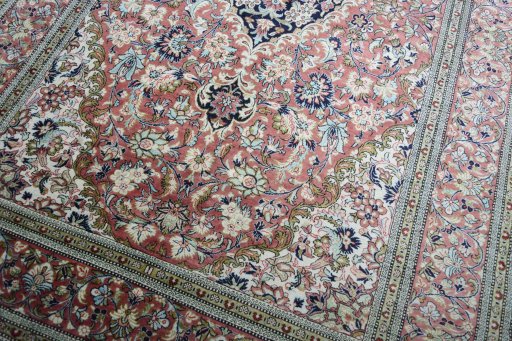 Close-up detail of 1970s Ghom rug from Iran / Persia showing Silk weave