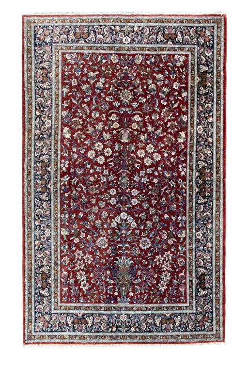Full view of 1970s Ghom rug from Iran / Persia, 218 × 136 cm in Red tones