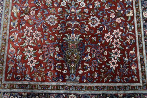 Close-up detail of 1970s Ghom rug from Iran / Persia showing Silk weave