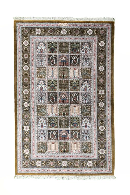 Full view of New Ghom rug from Iran / Persia, 120 × 77 cm in Multi Color tones