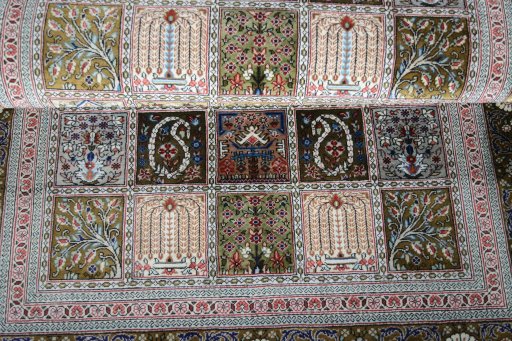 Full view of New Ghom rug from Iran / Persia, 120 × 77 cm in Multi Color tones
