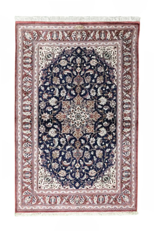 Full view of 2000s Ghom rug from Iran / Persia, 118 × 77 cm in Blue tones