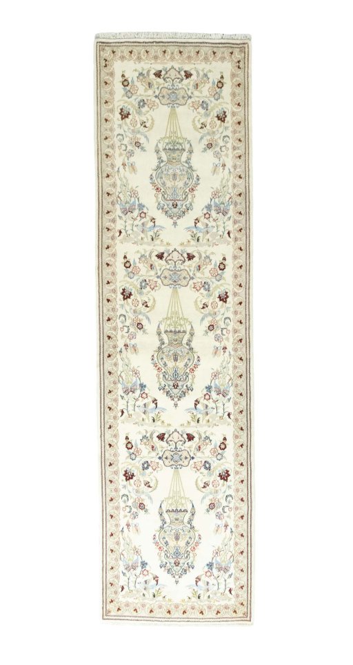 Full view of New Ghom rug from Iran / Persia, 300 × 81 cm in Beige tones