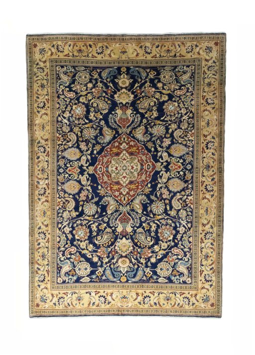 Full view of New Ghom rug from Iran / Persia, 306 × 214 cm in Blue tones
