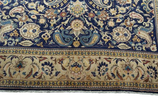 Full view of New Ghom rug from Iran / Persia, 305 × 205 cm in Blue tones