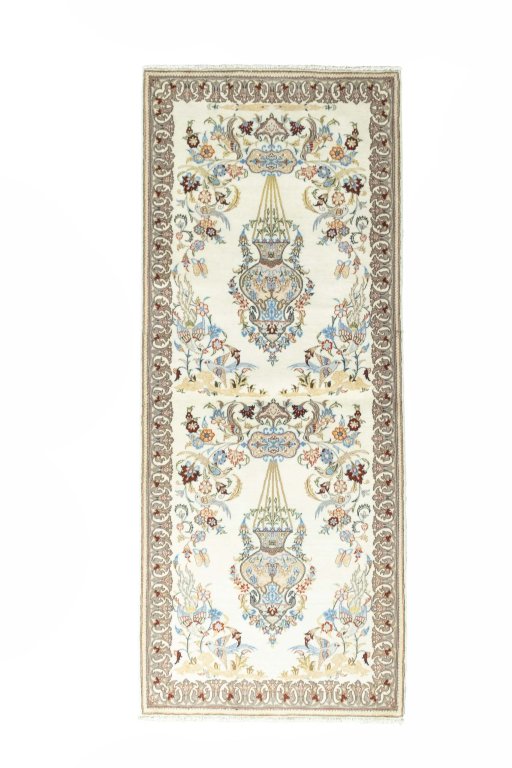 Full view of New Ghom rug from Iran / Persia, 193 × 80 cm in Beige tones