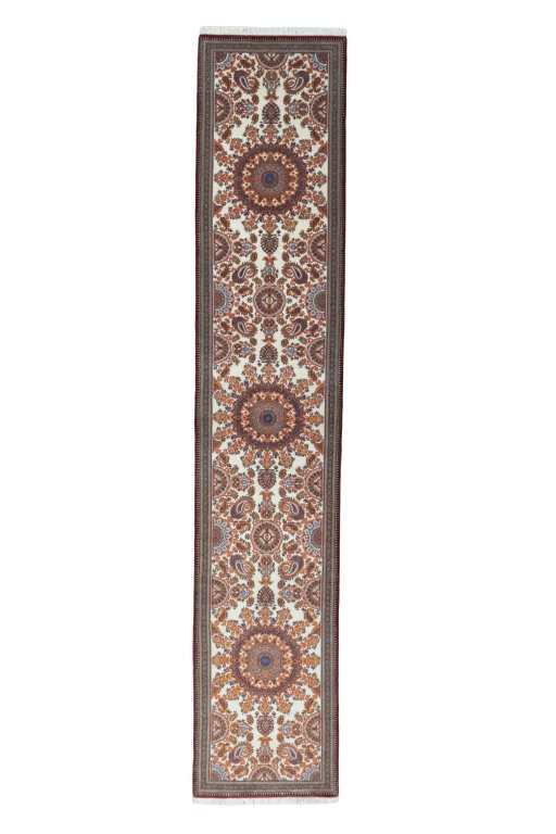 Full view of New Ghom rug from Iran / Persia, 397 × 78 cm in Beige tones