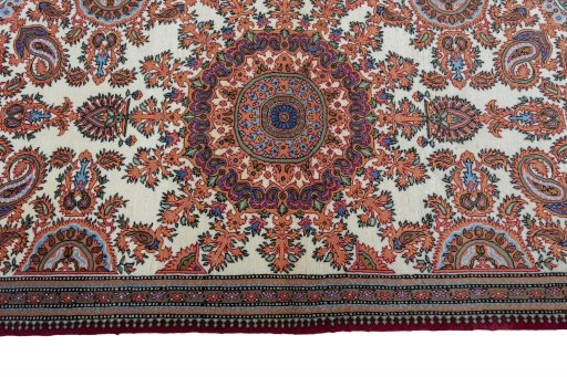 Full view of New Ghom rug from Iran / Persia, 397 × 78 cm in Beige tones