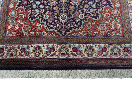 Full view of 1970s Ghom rug from Iran / Persia, 200 × 140 cm in Blue tones