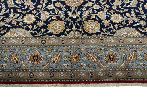 Full view of 1950s Ghom rug from Iran / Persia, 395 × 332 cm in Blue tones