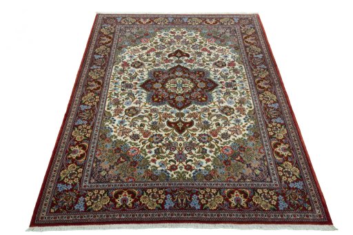 Surface texture of 2000s Ghom rug with natural Cork and intricate pattern