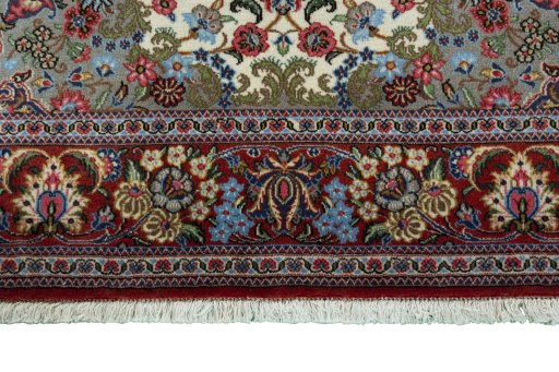 Full view of 2000s Ghom rug from Iran / Persia, 200 × 141 cm in Beige tones