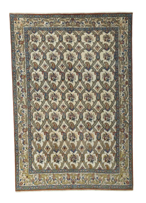 Full view of 1950s Ghom rug from Iran / Persia, 322 × 220 cm in Beige tones