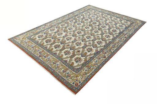 Corner detail of 1950s Ghom rug showing border pattern and Wool pile