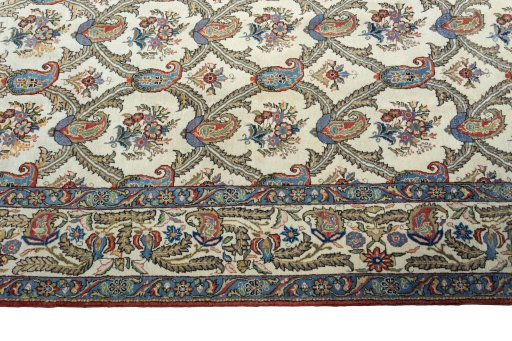 Close-up detail of 1950s Ghom rug from Iran / Persia showing Wool weave