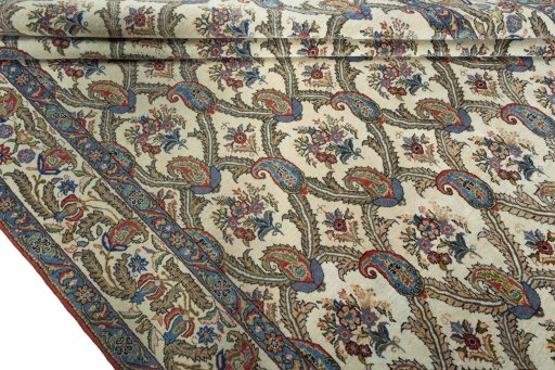 Full view of 1950s Ghom rug from Iran / Persia, 322 × 220 cm in Beige tones