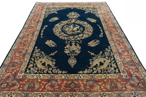 Surface texture of 1970s Ghom rug with natural Wool and intricate pattern