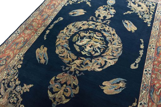 Backside of handmade 1970s Ghom rug showing knot structure and weave density