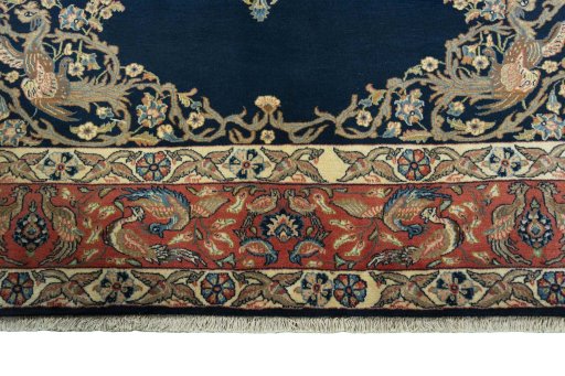 Full view of 1970s Ghom rug from Iran / Persia, 297 × 206 cm in Blue tones