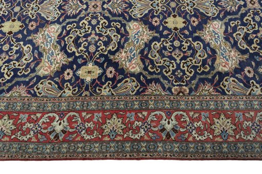 Full view of 1970s Ghom rug from Iran / Persia, 329 × 201 cm in Blue tones