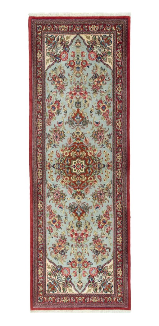 Full view of New Ghom rug from Iran / Persia, 209 × 73 cm in Blue tones