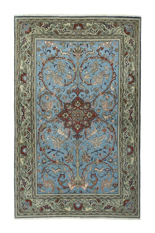 Full view of 1970s Ghom rug from Iran / Persia, 224 × 141 cm in Blue tones