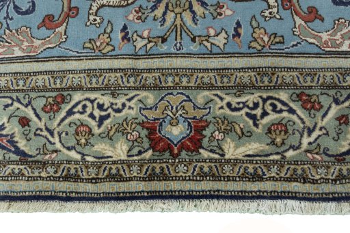 Full view of 1970s Ghom rug from Iran / Persia, 224 × 141 cm in Blue tones