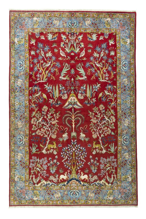 Full view of 1970s Ghom rug from Iran / Persia, 303 × 200 cm in Red tones