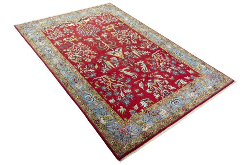 Close-up detail of 1970s Ghom rug from Iran / Persia showing Wool weave