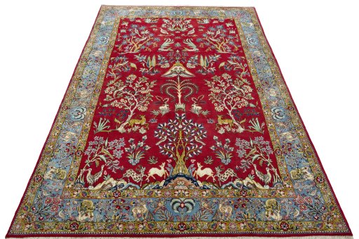 Surface texture of 1970s Ghom rug with natural Wool and intricate pattern