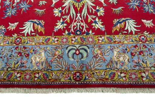 Full view of 1970s Ghom rug from Iran / Persia, 303 × 200 cm in Red tones
