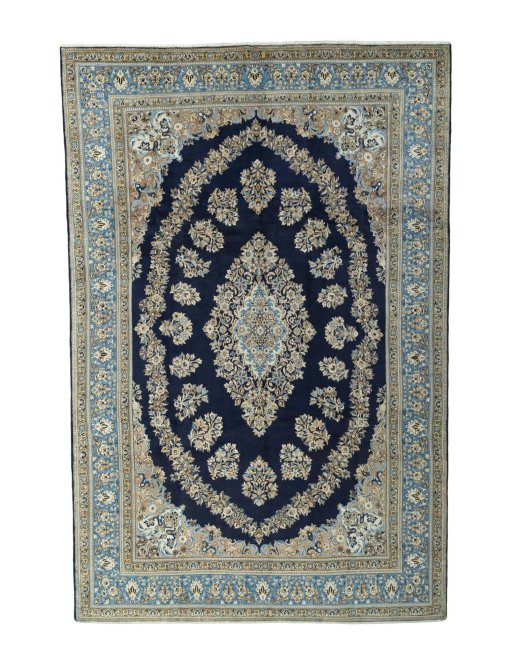 Full view of 2000s Ghom rug from Iran / Persia, 416 × 271 cm in Blue tones