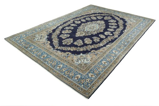 Corner detail of 2000s Ghom rug showing border pattern and Wool pile