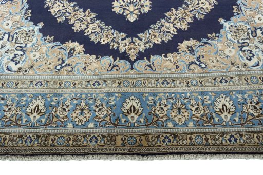 Full view of 2000s Ghom rug from Iran / Persia, 416 × 271 cm in Blue tones
