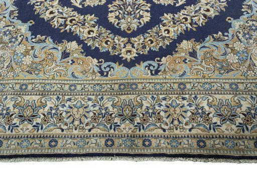 Full view of 2000s Ghom rug from Iran / Persia, 431 × 315 cm in Blue tones