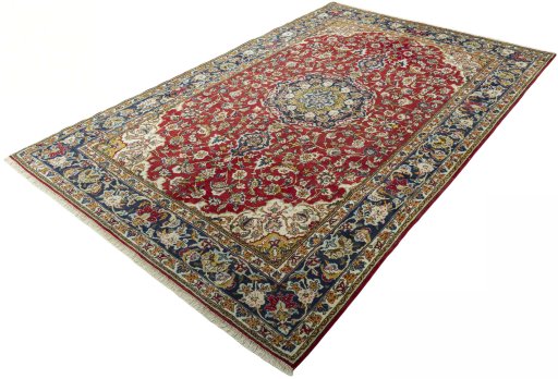 Corner detail of 2000s Ghom rug showing border pattern and Wool pile