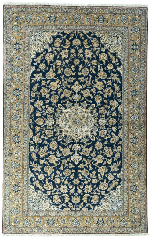 Full view of 1950s Ghom rug from Iran / Persia, 257 × 163 cm in Blue tones