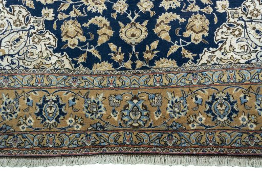Full view of 1950s Ghom rug from Iran / Persia, 257 × 163 cm in Blue tones