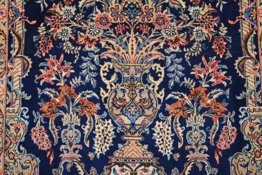 Full view of 1980s Ghom rug from Iran / Persia, 200 × 130 cm in Dark blue tones