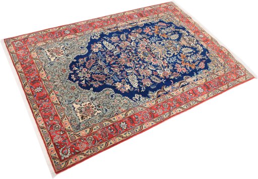 Corner detail of 1980s Ghom rug showing border pattern and Wool pile