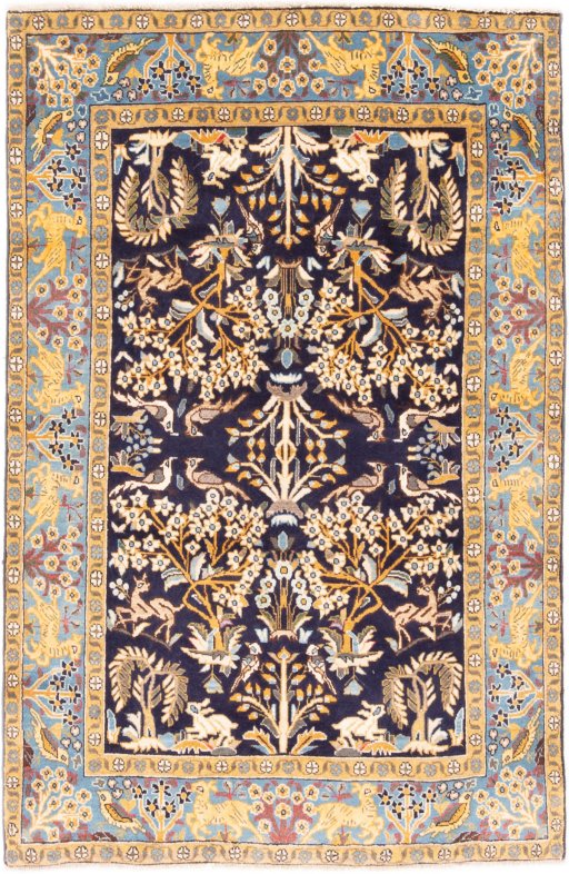 Full view of 2001s Ghom rug from Iran / Persia, 148 × 97 cm in Dark blue tones