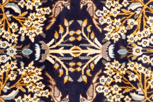 Full view of 2001s Ghom rug from Iran / Persia, 148 × 97 cm in Dark blue tones